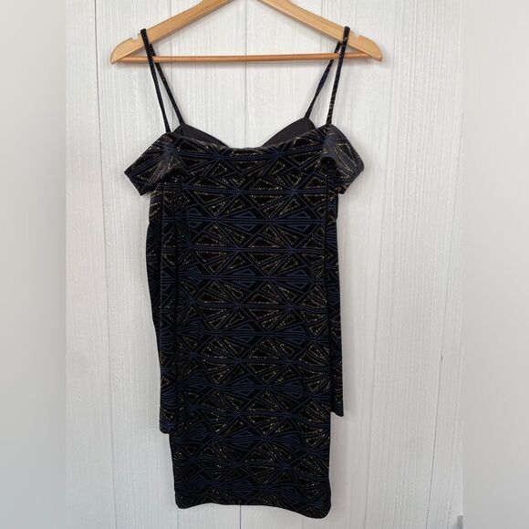 AKIRA Off Shoulder Mini Dress - Black/Gold/Blue - Picture 5 of 6